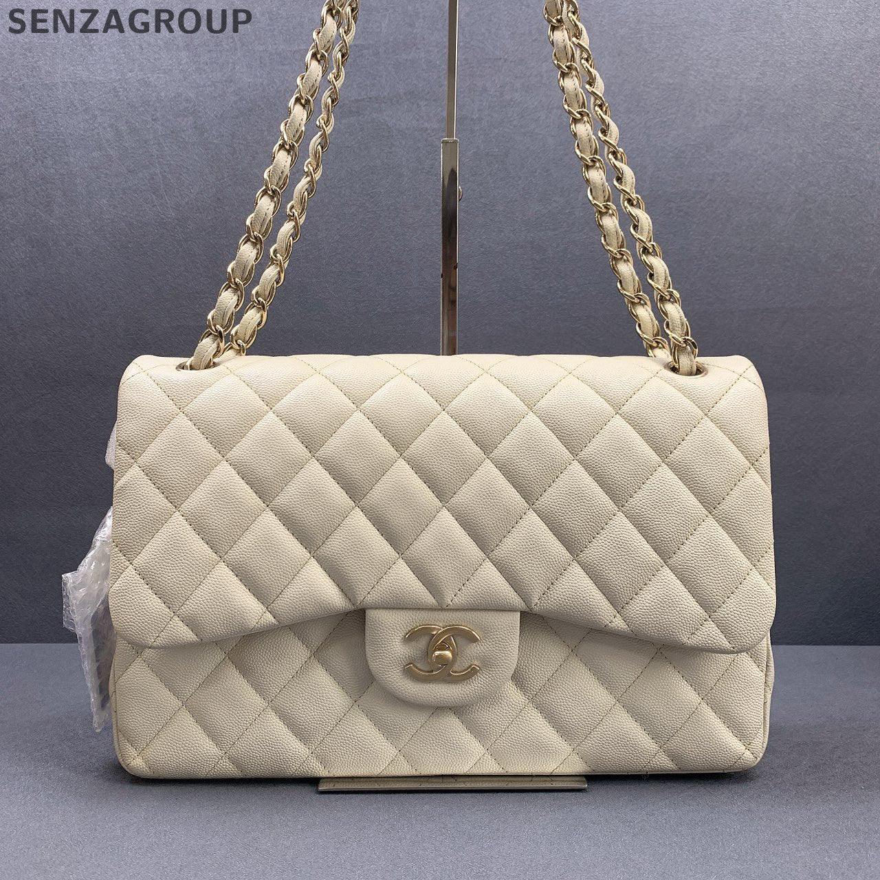 Chanel Classic Flap Jumbo Bag White Gold Chain Shoulder Crossbody