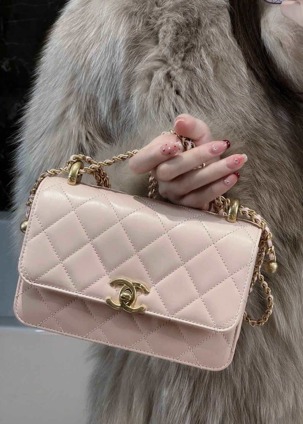 Chanel CF Mini Double Gold Ball Pink Calfskin Shoulder Handbag For Women