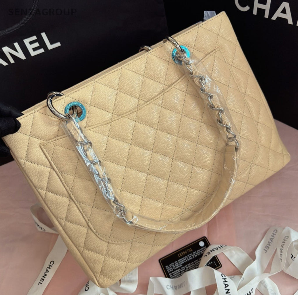Chanel GST Chain Shoulder Bag Beige Silver Diamond Women Classic