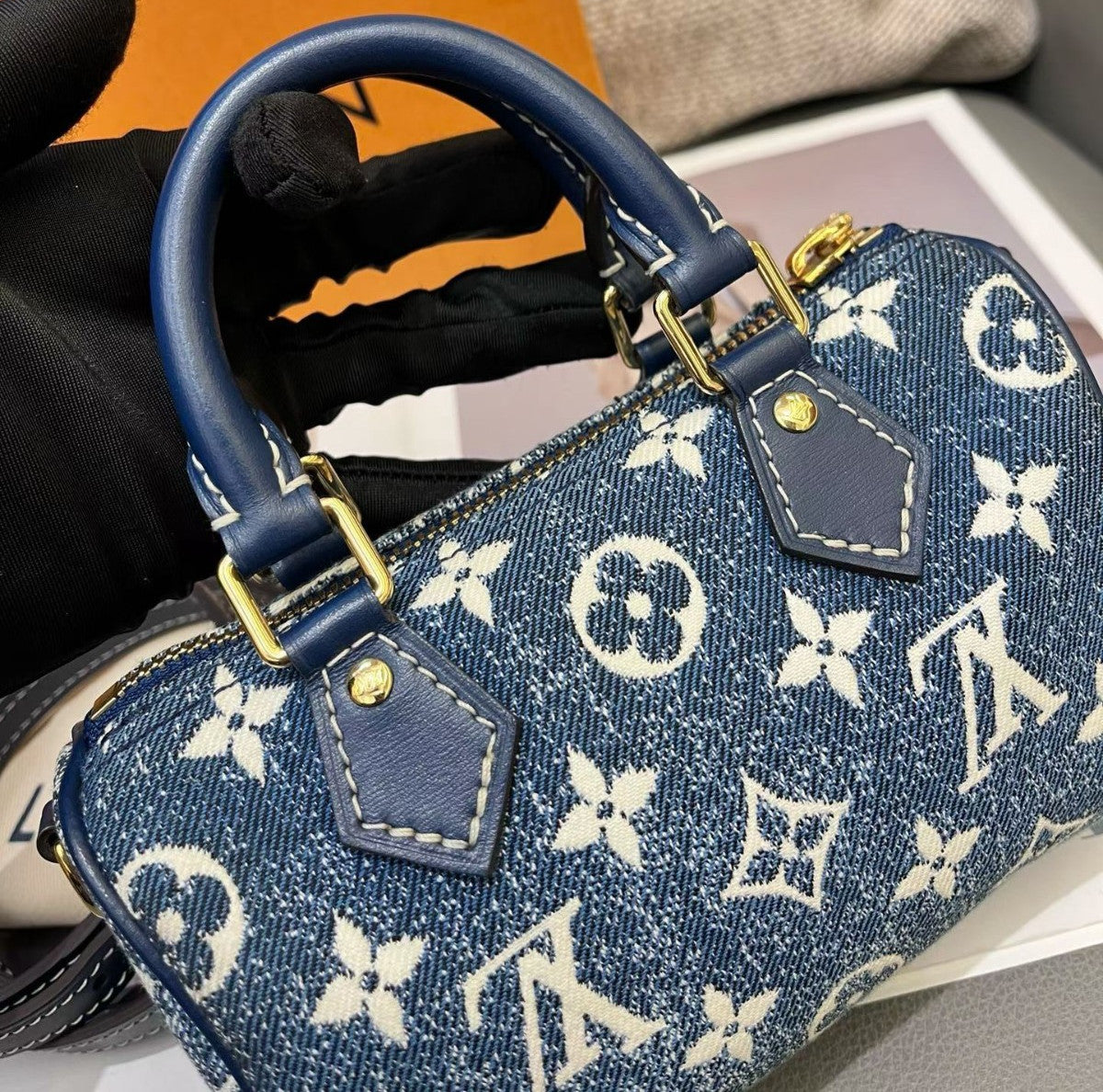 Louis Vuitton Denim Speedy Nano Monogram Top Handle Bag Crossbody Blue  Women