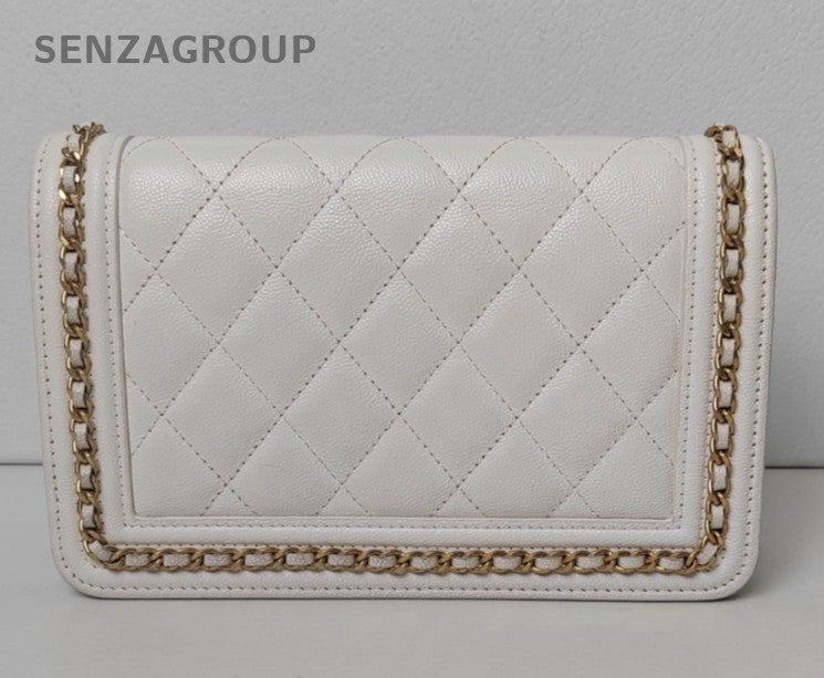 Chanel Leboy WOC Chain Shoulder Bag Crossbody White Gold Diamond Women Classic