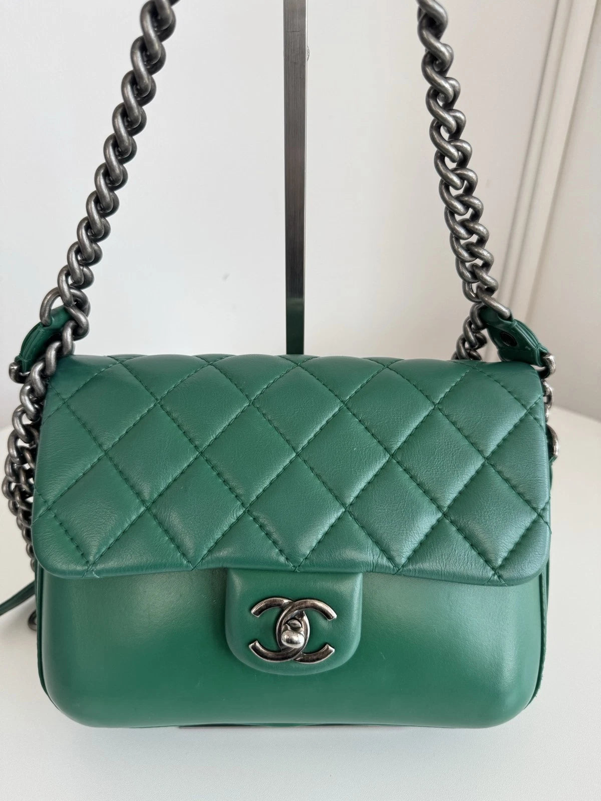 Chanel Classic Flap Calfskin Chain Shoulder Bag Crossbody Green Silver Women
