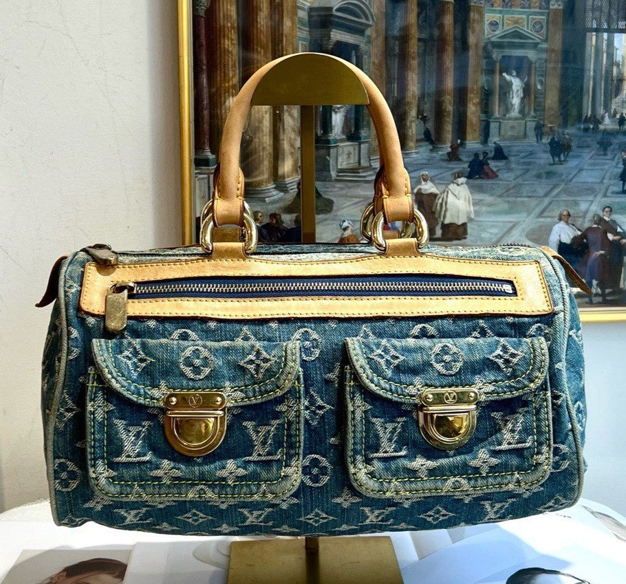 Louis Vuitton Boston Denim Monogram Top Handle Bag Blue Gold Women Classic