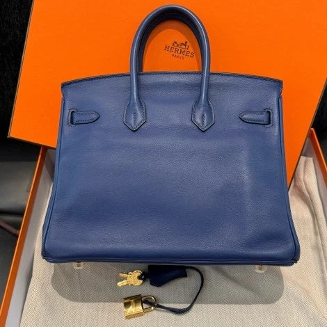 Hermes Birkin 25 Tote Swift Top Handle Bag Blue Gold Hardware Women D