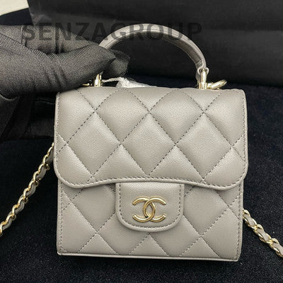 Chanel Lambskin Grey Quilted Chain Shoulder Bag - Gold Hardware