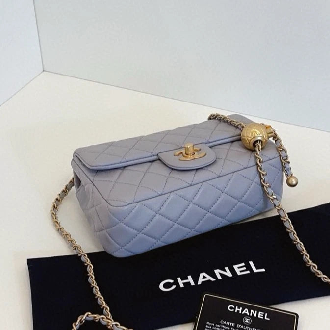 Chanel Classic Flap Mini Chain Shoulder Crossbody Gray Gold Diamond Women