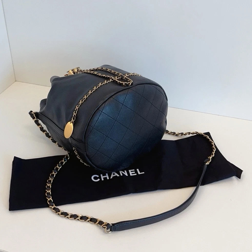 Chanel Greece Line Bucket Soft Calfskin Crossbody Bag Black Gold Women