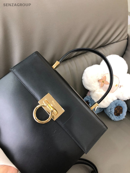 Salvatore Ferragamo Top Handle 2way Shoulder Handbag Black Gold Women