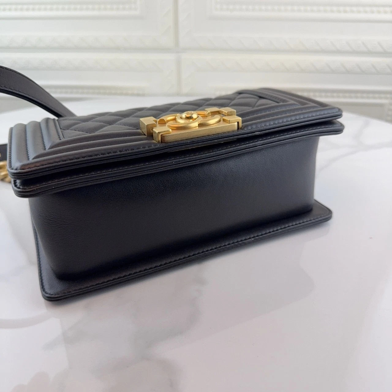 CHANEL LeBoy Small Black Leather Gold Hardware Shoulder Bag Women