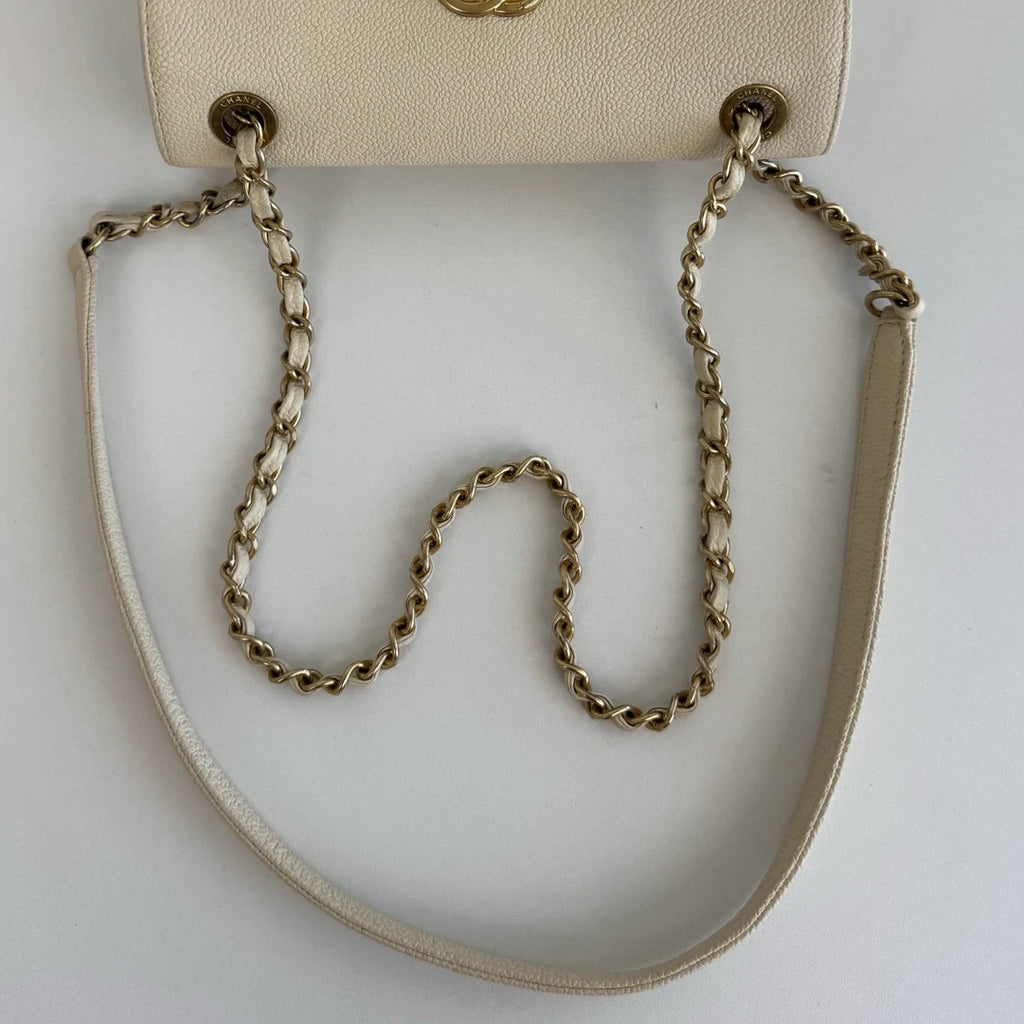 Chanel Diamond Caviar Leather Chain Beige Shoulder Bag Diamond Gold Hardware