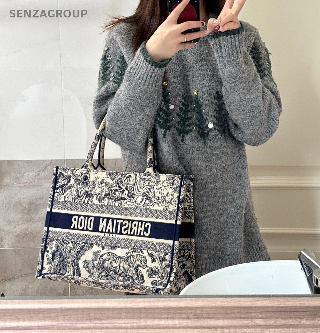 Christian Dior Book Tote Blue Zoo Tote Top Handle Shoulder Bag Women Blue