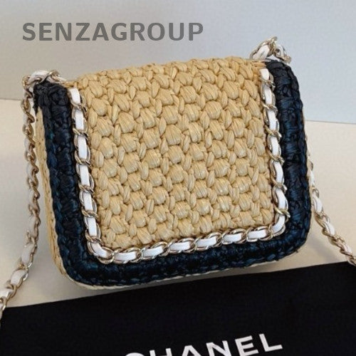 Chanel 24C Raffia Chain Shoulder Bag Crossbody Black Silver Used Women Classic