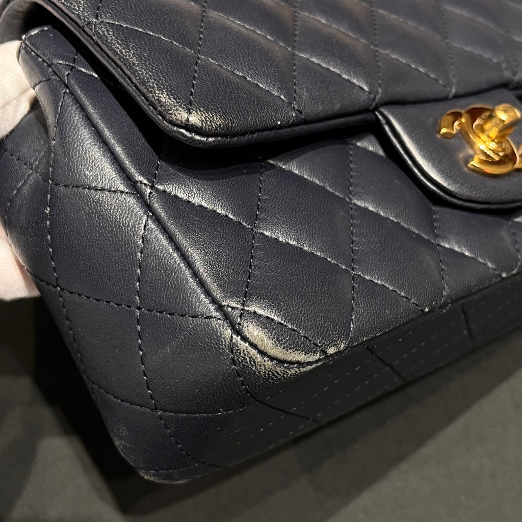Chanel Classic Flap Mini Lambskin Chain Shoulder Bag Navy Gold Women Diamond