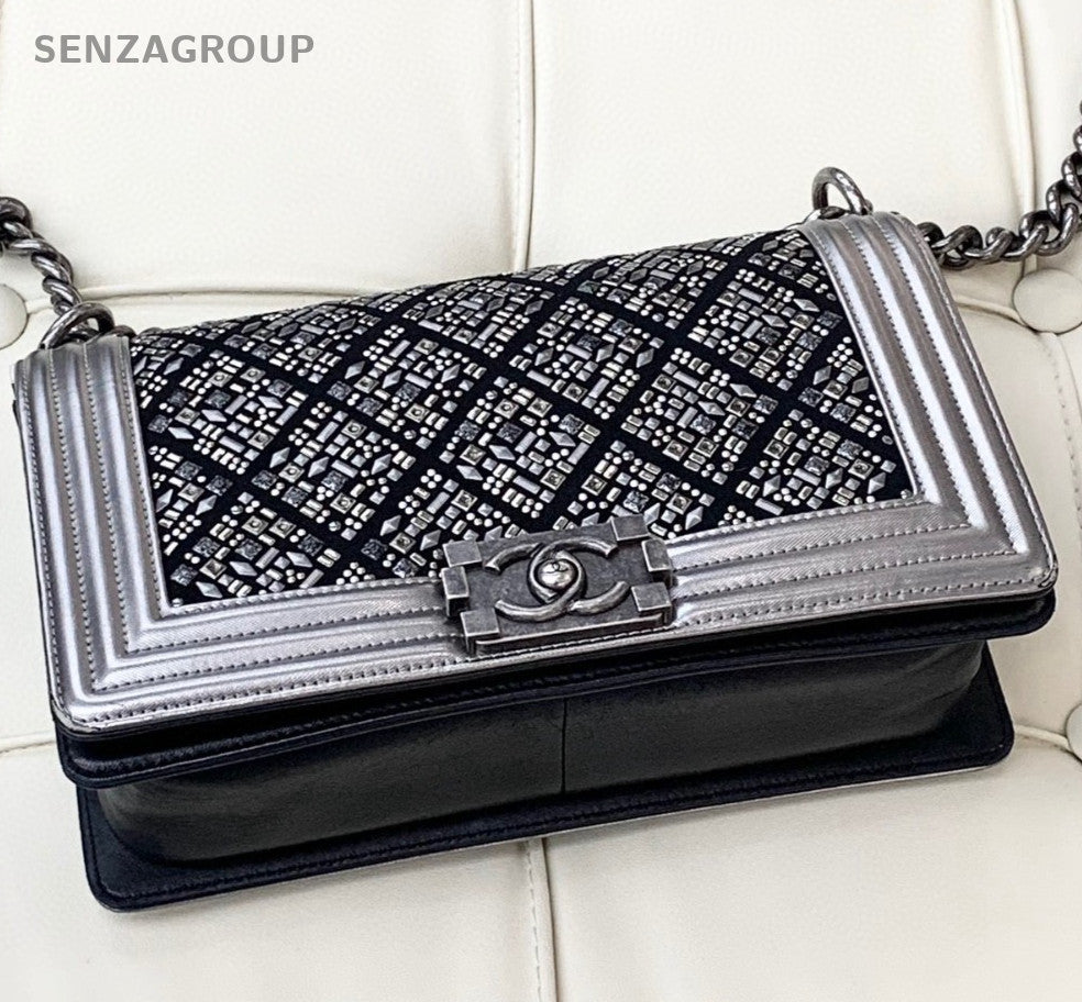 Chanel Leboy MM Calfskin Chain Black Silver Shoulder Bag Crossbody Women Classic