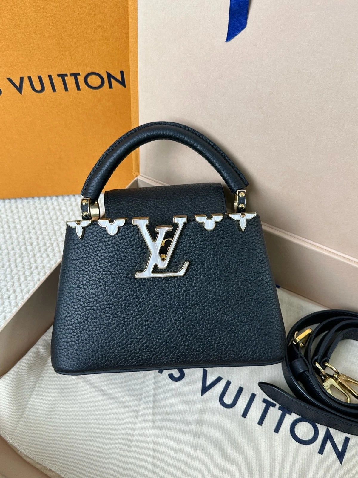 Louis Vuitton Black Gold Capucines Mini Crossbody For Women