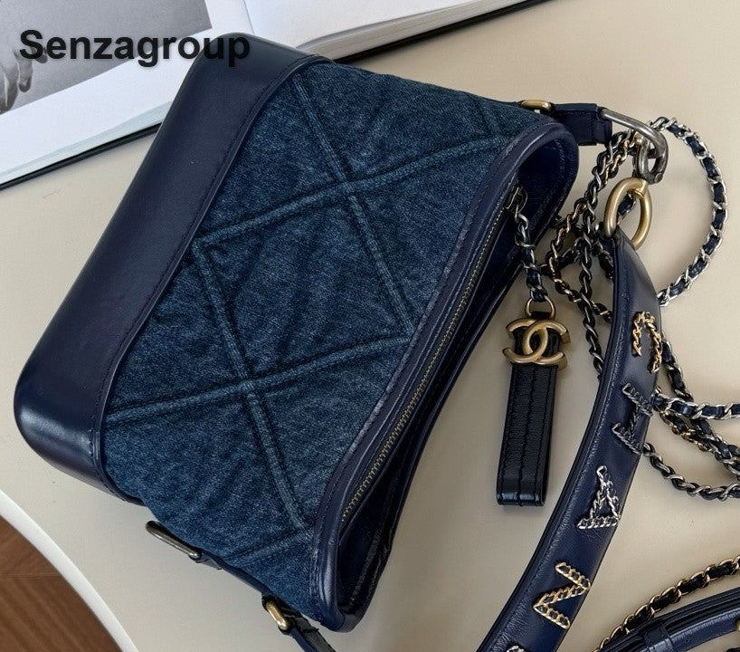 Chanel Gabrielle PM Denim Chain Shoulder Bag Crossbody Blue Gold Women Classic