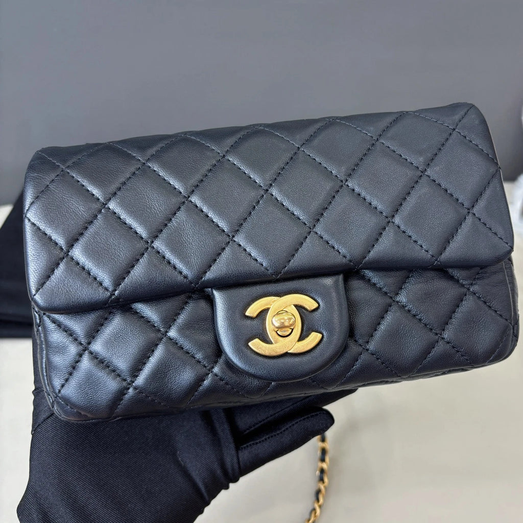 Chip Version Chanel Flap Big Mini Lambskin Gold Chain Black Shoulder Bag