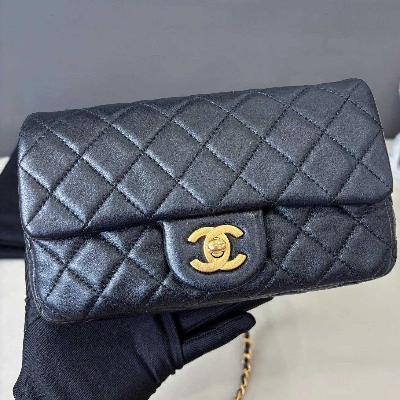 Chip Version Chanel Flap Big Mini Lambskin Gold Chain Black Shoulder Bag