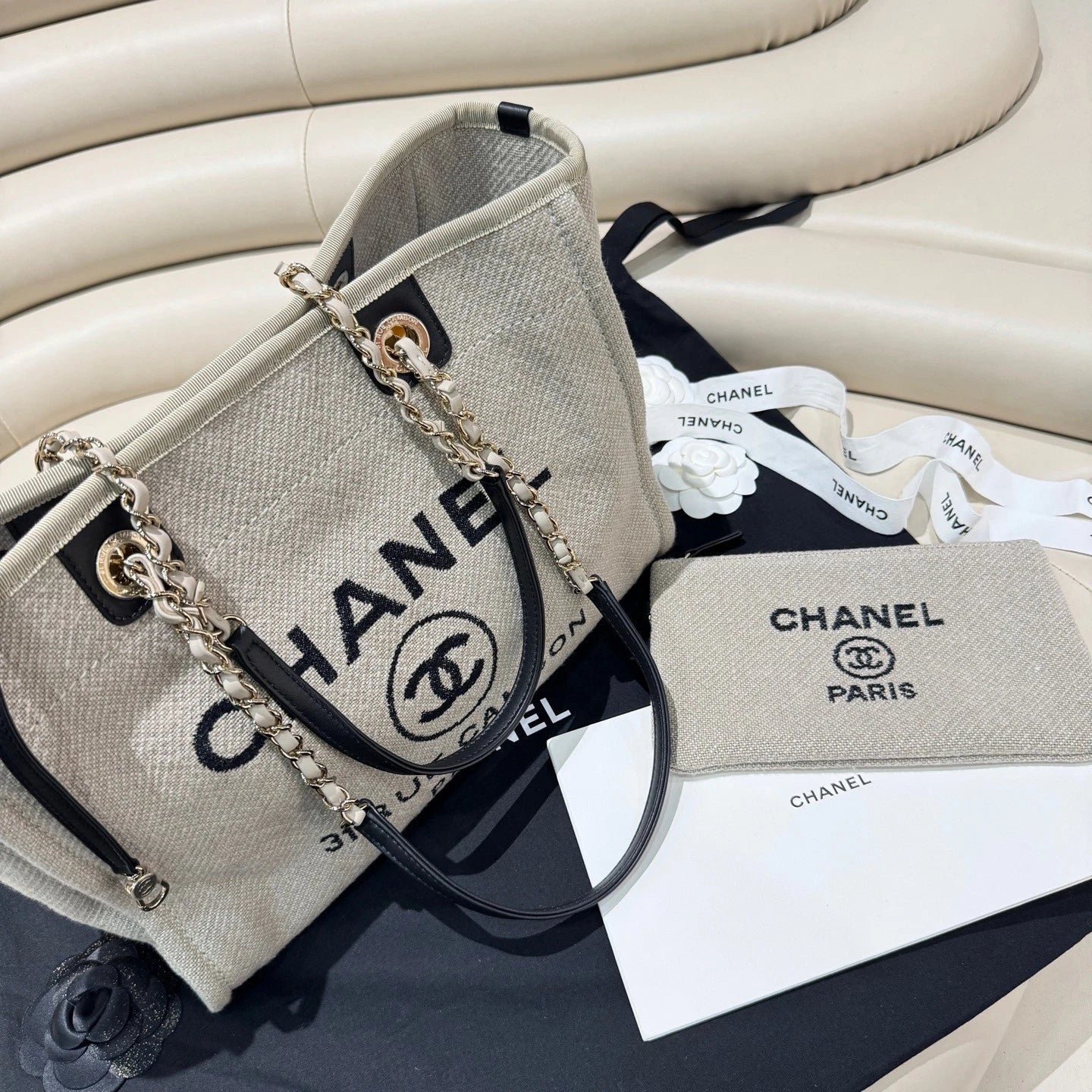 Chanel Deauville Tote Bag Large Canvas Shoulder Tote Women Classic