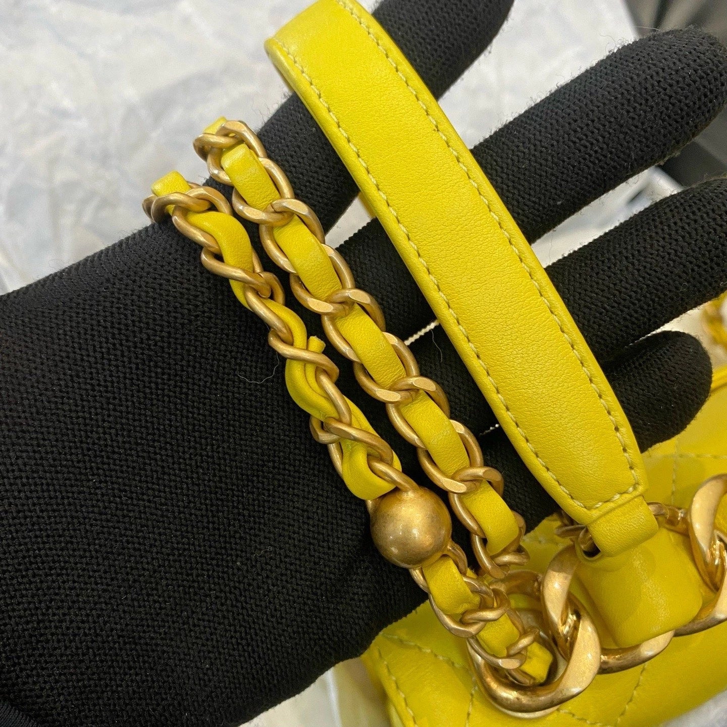 Chanel Calfskin Chain Top Handle Crossbody Diamond Yellow Gold Women Classic