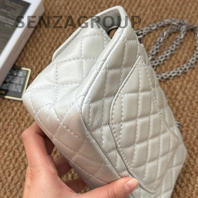 Chanel 2.55 Mini Lambskin Silver Quilted Chain Crossbody Bag