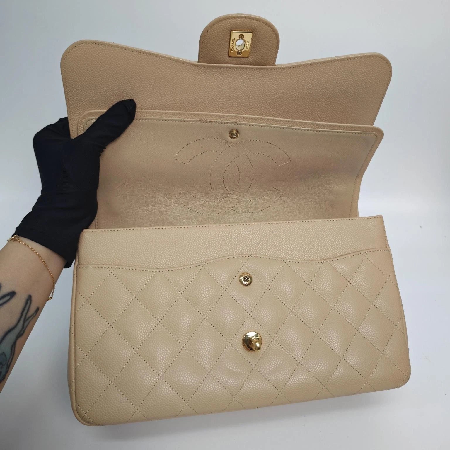 CHANEL Beige Leather CF Jumbo Shoulder Bag For Women