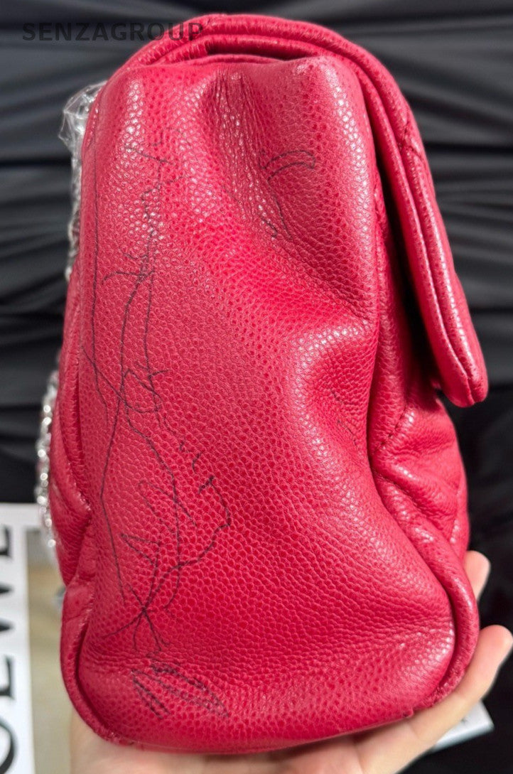Chanel Classic Flap Jumbo Calfskin Chain Shoulder Bag Red Silver Women Classic