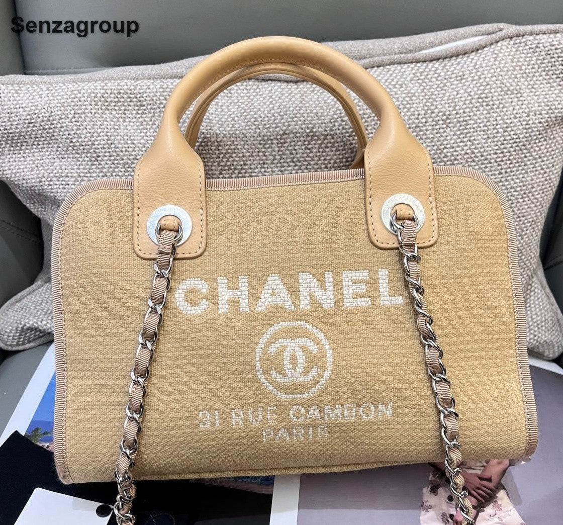 Chanel Bolide Beach Bag Chain Top Handle Shoulder Bag Beige Silver Women Classic