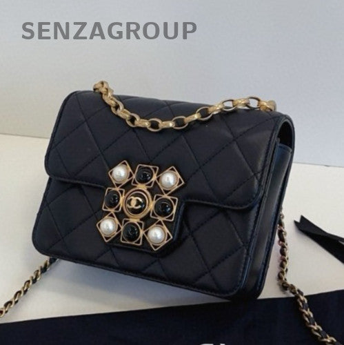 Chanel Calfskin Chain Shoulder Bag Black Gold Classic Women Diamond