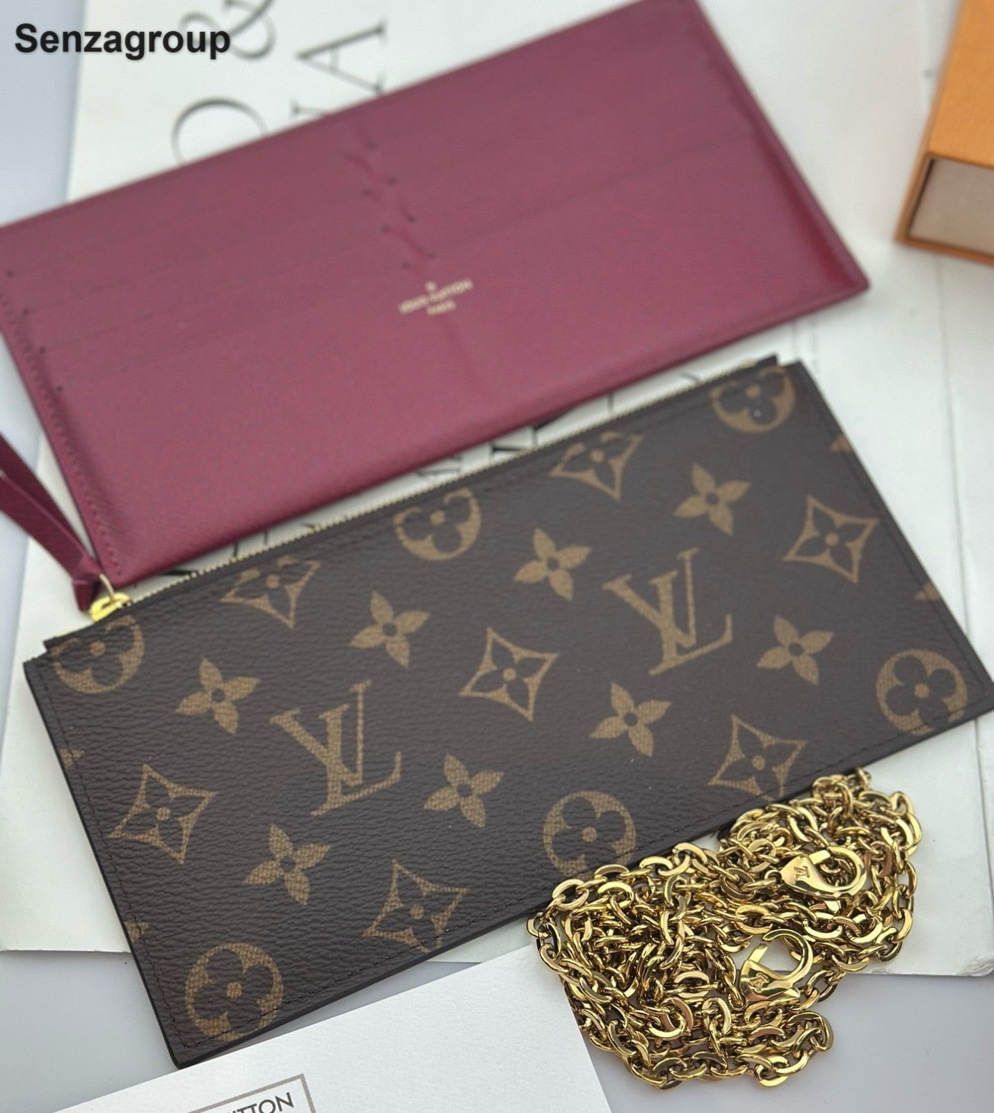 Louis Vuitton Monogram Canvas Chain Shoulder Bag Brown Gold Women Classic