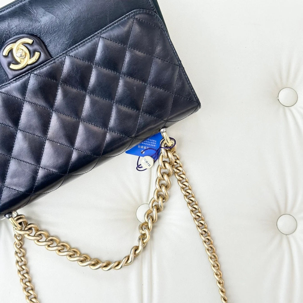 Chanel Calfskin GM Chain Top Handle Shoulder Bag Crossbody Black Gold Women S