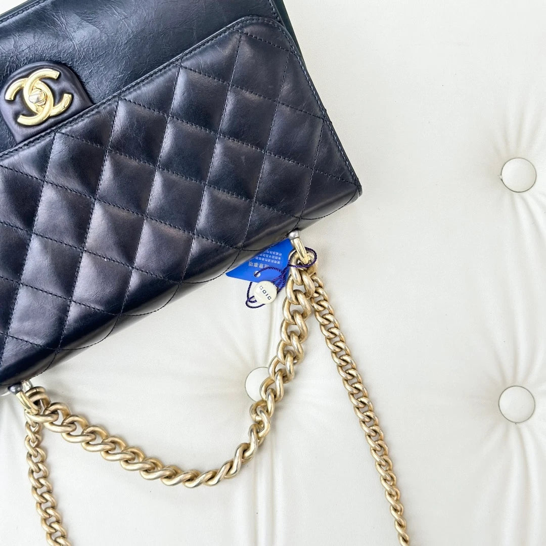 Chanel Calfskin GM Chain Top Handle Shoulder Bag Crossbody Black Gold Women S