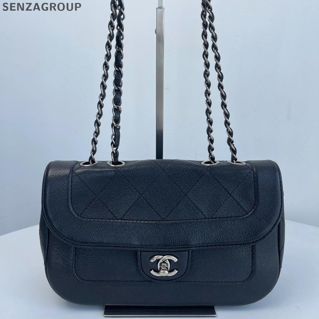 Chanel Calfskin Chain Shoulder Bag Crossbody Black Silver Women Classic