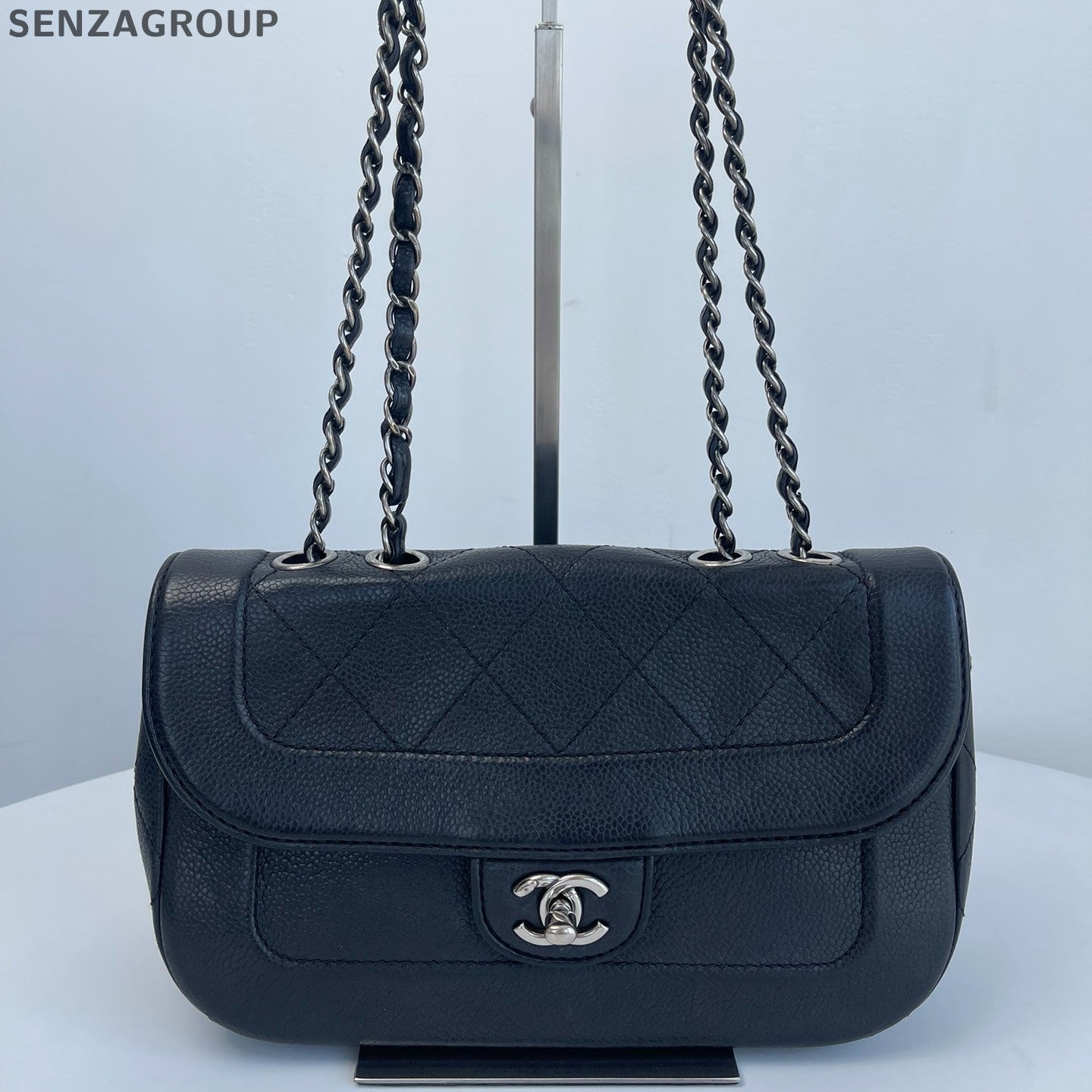 Chanel Calfskin Chain Shoulder Bag Crossbody Black Silver Women Classic