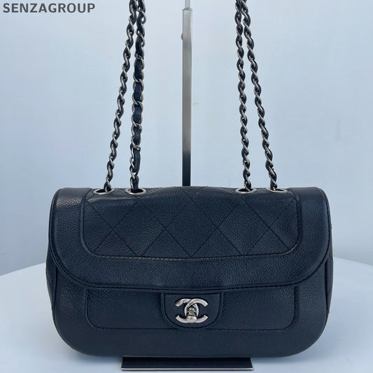 Chanel Calfskin Chain Shoulder Bag Crossbody Black Silver Women Classic