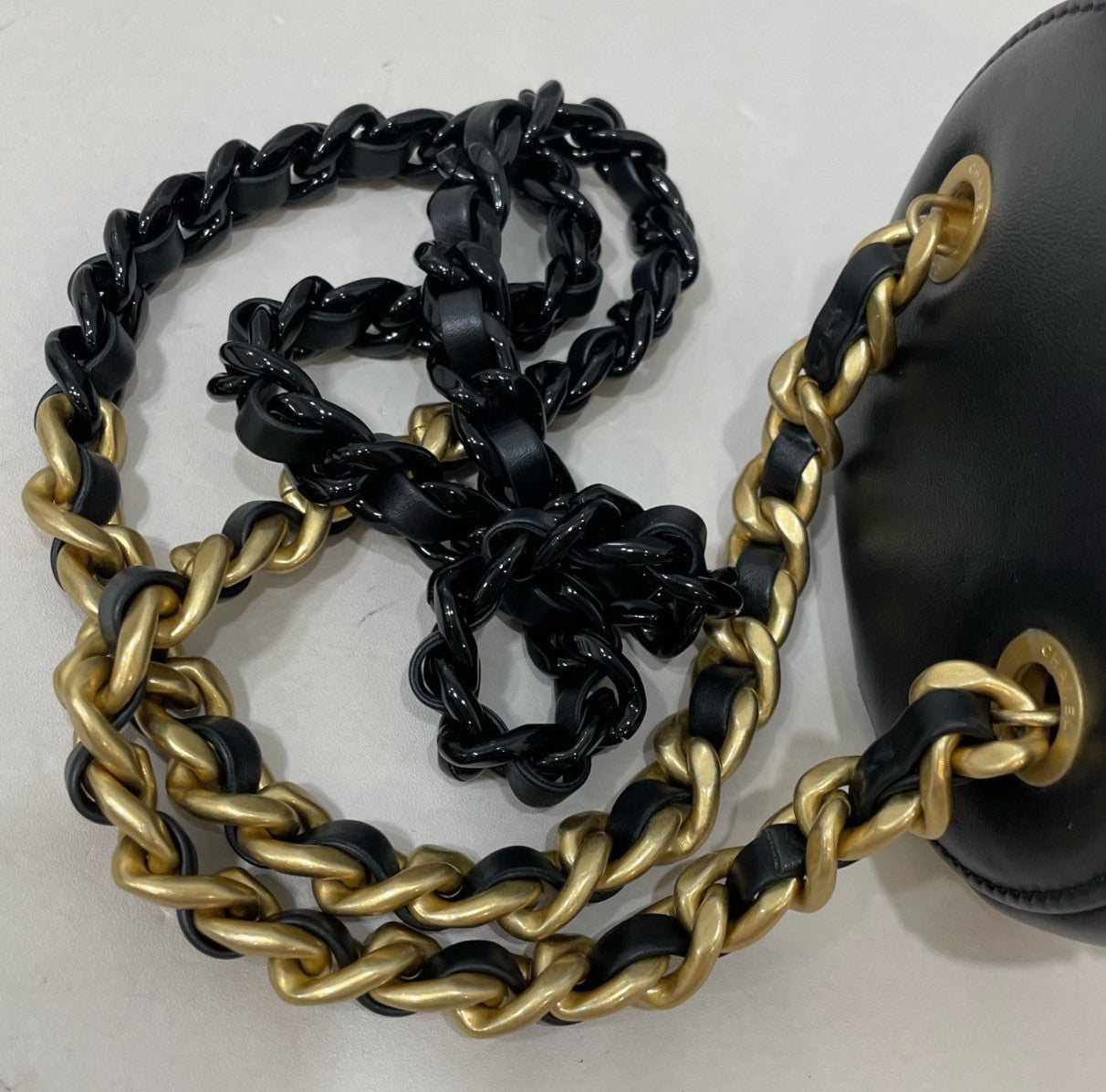 Chanel Diamond Chain Lambskin Cylinder Bag Crossbody Black Gold Women Classic