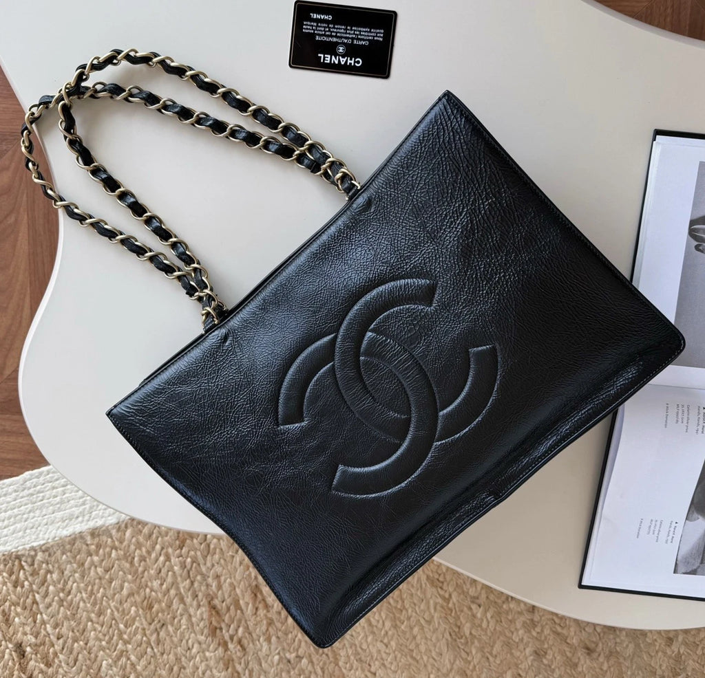 Chanel CC Logo Tote Chain Shoulder Bag Black Gold Used Women Classic Fashion