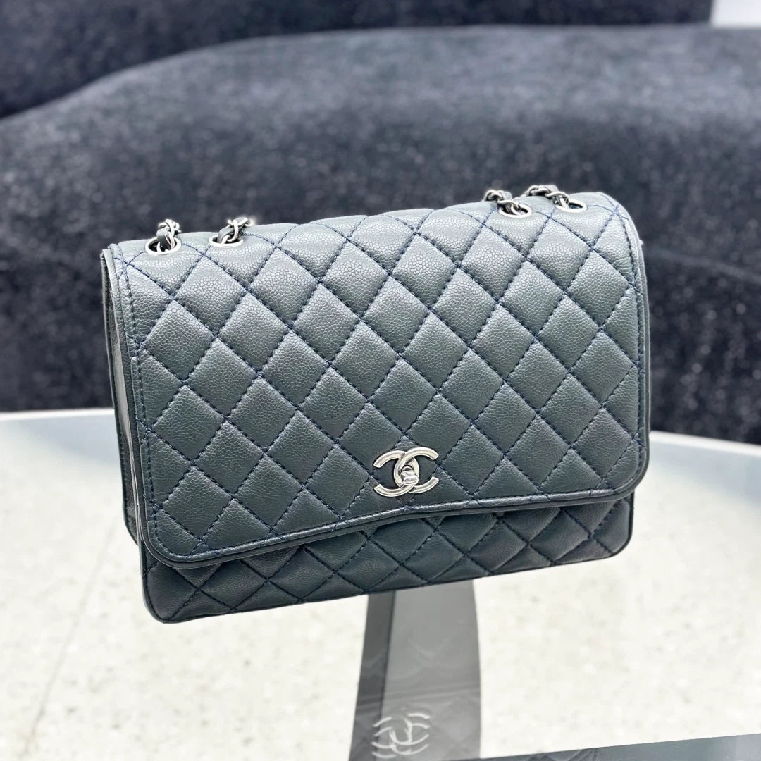 Chanel Diamond GM Calfskin Chain Shoulder Crossbody Olive Green Silver Women