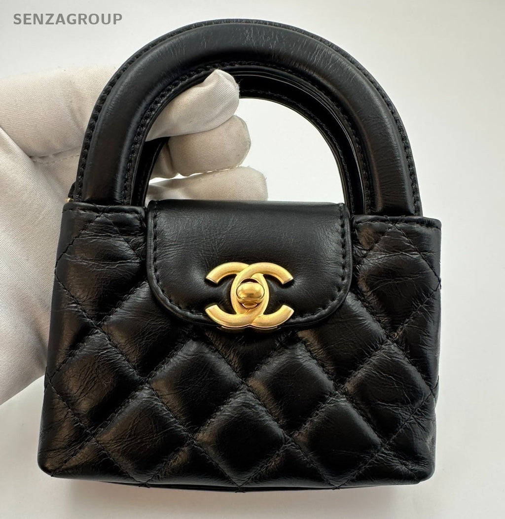 Chanel Kelly Nano Calfskin Top Handle Chain Shoulder Crossbody Black Gold Women