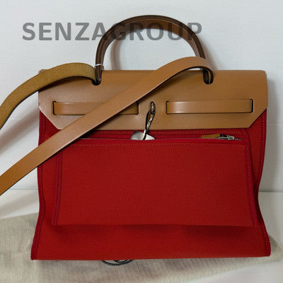 Hermes Herbag Red Silver Hardware Handbag Shoulder Bag Women Classic