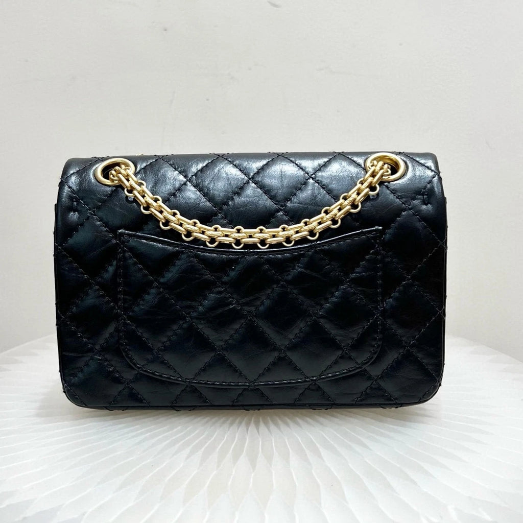 Chanel 2.55 Mini Calfskin Chain Shoulder Bag Crossbody Black Gold Women Classic