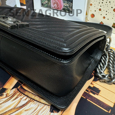 Chanel Le Boy Black Silver Chevron Chain Shoulder Crossbody Bag
