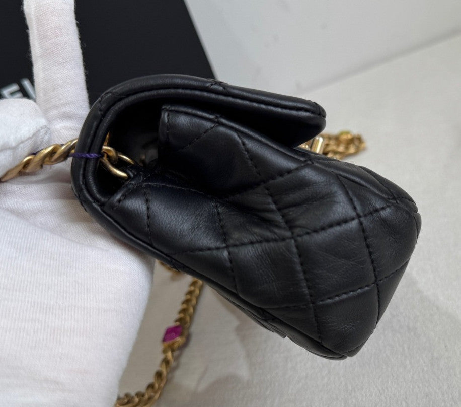 Chanel Diamond Mini Gemstone Chain Shoulder Bag Crossbody Black Gold Women