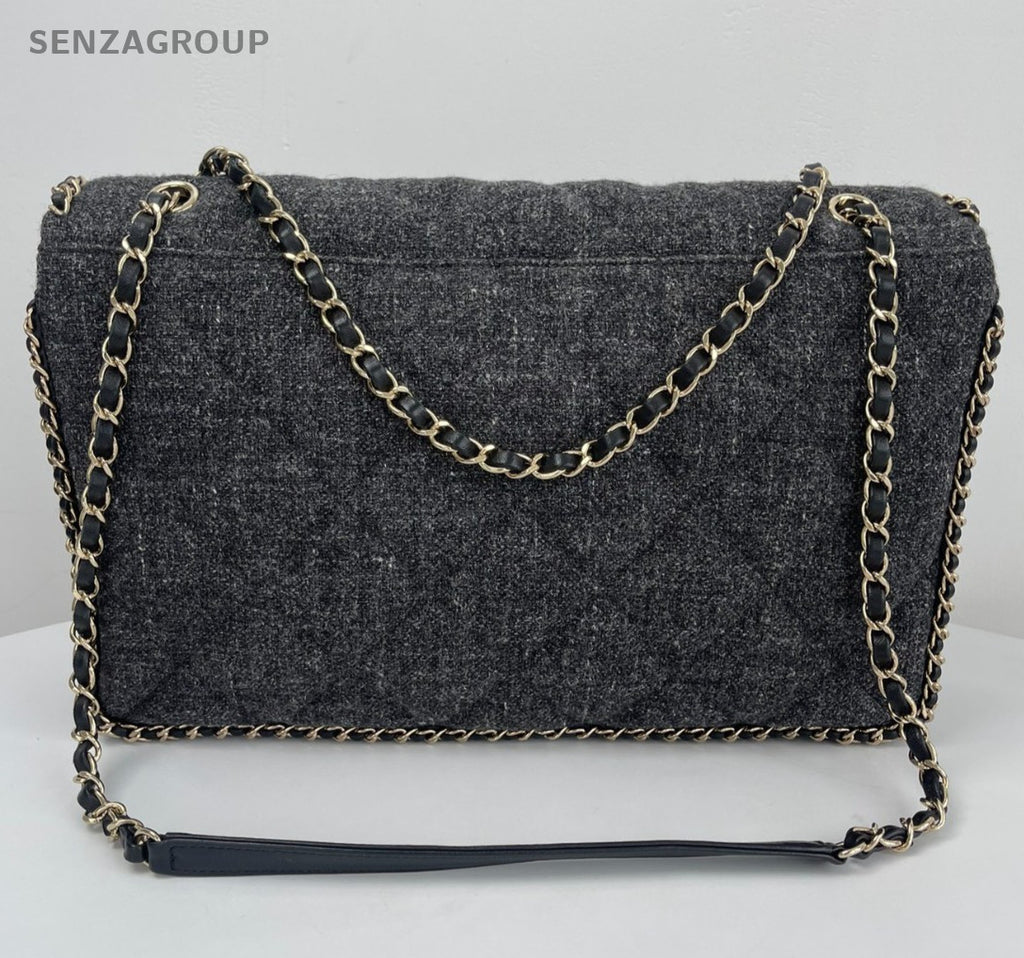 Chanel Tweed Trim Classic Flap Chain GM Shoulder Bag Gray Gold Used Women