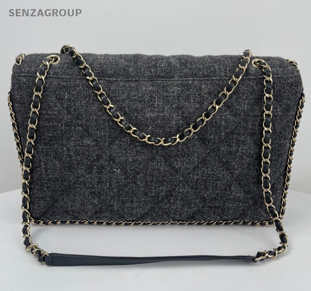 Chanel Tweed Trim Classic Flap Chain GM Shoulder Bag Gray Gold Used Women