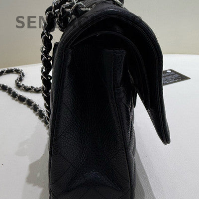 Chanel CF Black Silver Medium Chain Shoulder Bag Quilted Pattern Women Fashion
