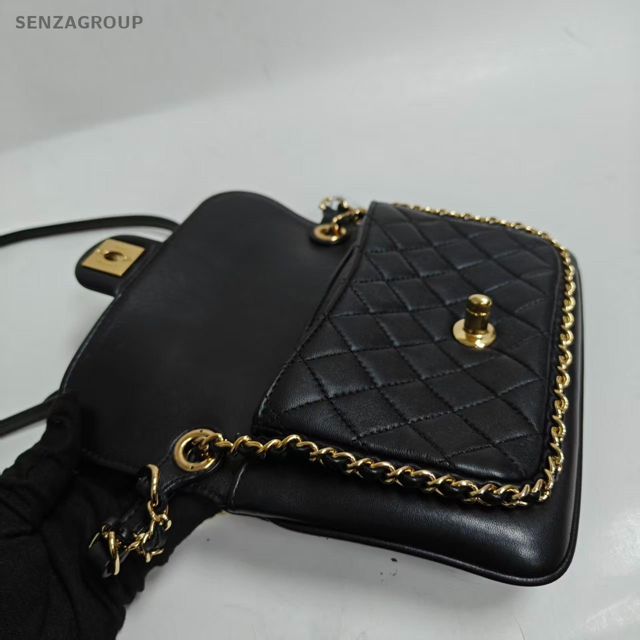Chanel Timeless Chain Shoulder Bag Black Gold Diamond Women Classic Designer