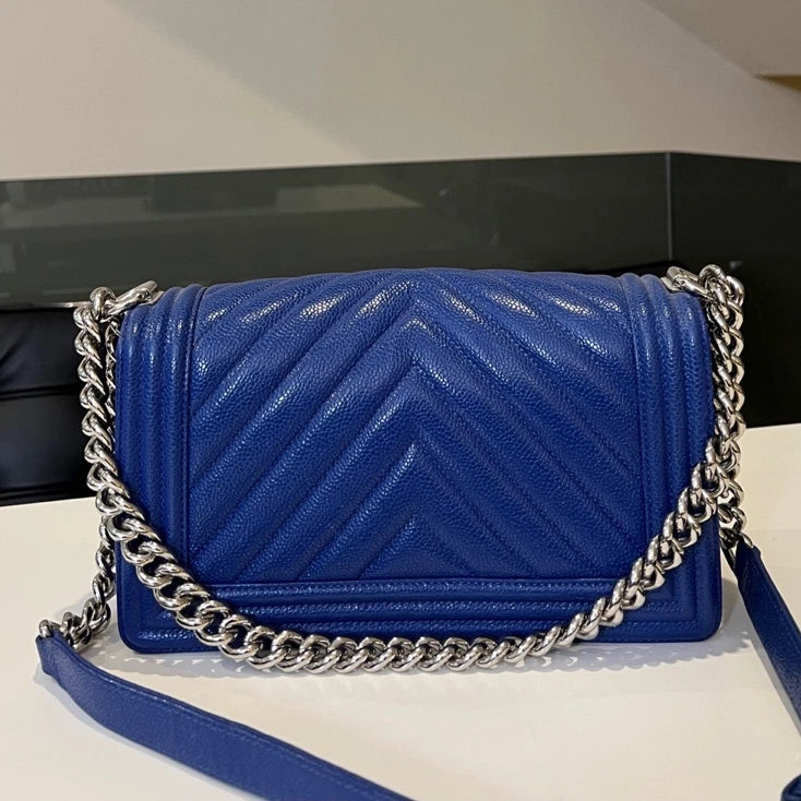 Chanel Le Boy Medium Chevron Chain Shoulder Bag Blue Silver Classic
