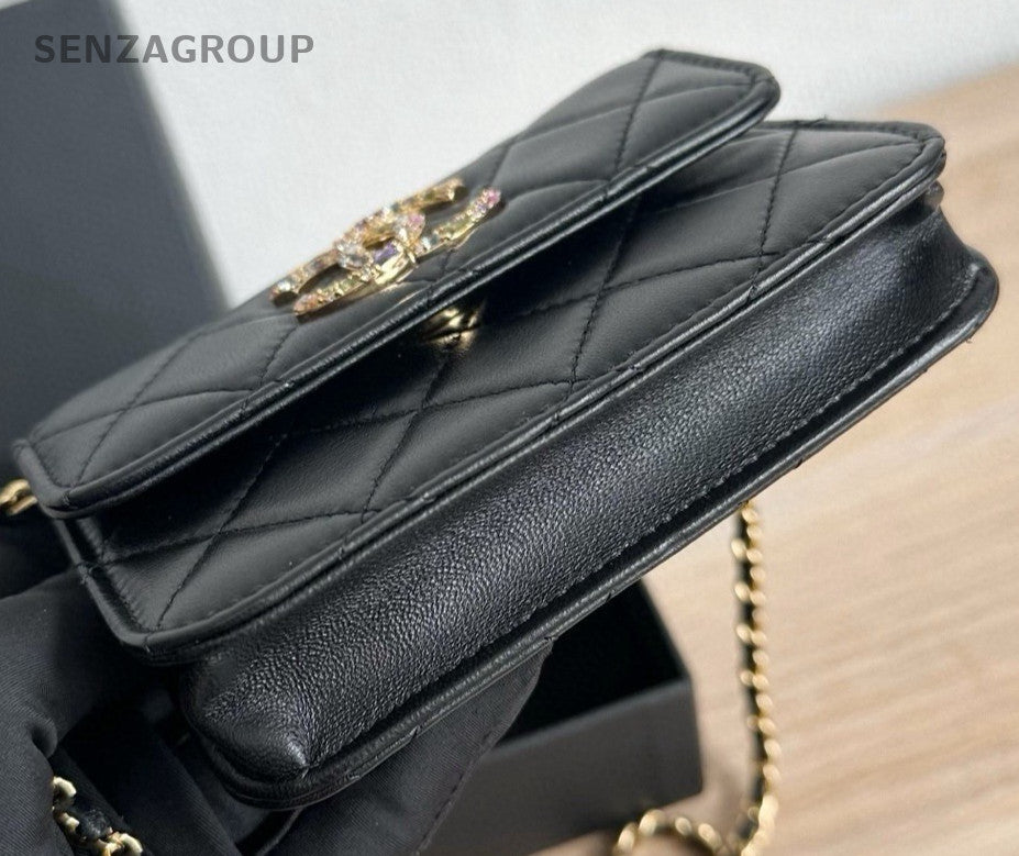 Chanel WOC Mini Lambskin Chain Shoulder Bag Crossbody Black Gold Women Classic