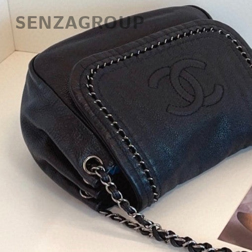 Chanel Lambskin Chain Shoulder Bag Black Silver Used Women Classic